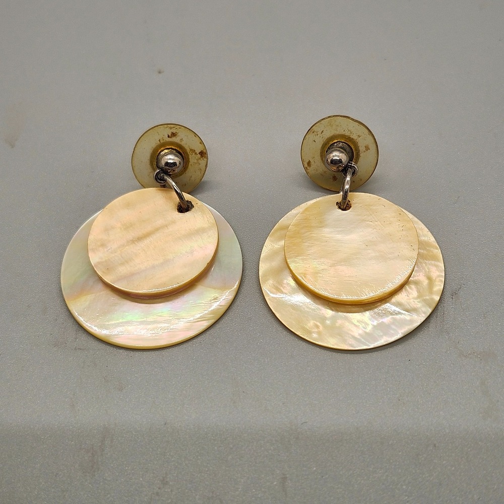 Vintage Large Round Mother Of Pearl Disc Drop Earrings